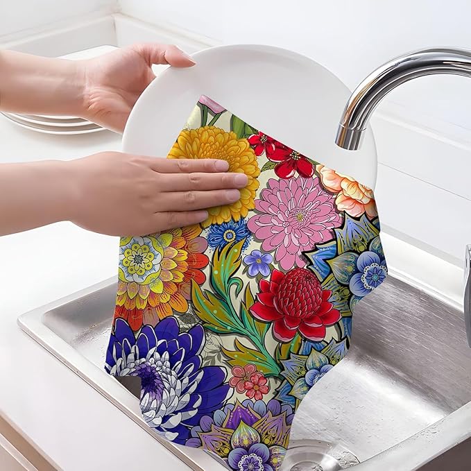 Boho Floral Kitchen Dish Towels Decorative Set of 4, Colorful Kitchen Stuff - Image 3