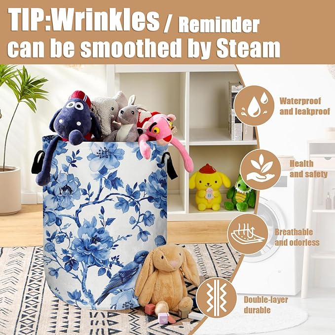 Blue Flower Bird Laundry Basket, Foldable Waterproof Laundry Hamper Tote Bag - Image 5