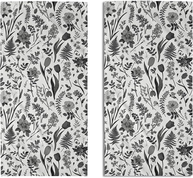 Spring Floral Hand Towels for Bathroom Set of 2 Black Grey White Flower Leaves by Aytipun