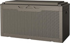 JUMMICO 100 Gallon Resin Deck Box with Cushion, Waterproof Outdoor Storage Box with Lockable Lid for Garden Tools, Patio Cushions (Light Brown) by JUMMICO
