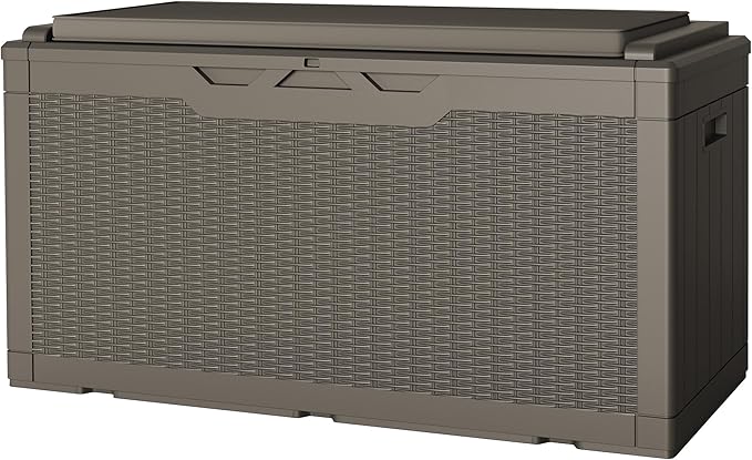 JUMMICO 100 Gallon Resin Deck Box with Cushion, Waterproof Outdoor Storage Box with Lockable Lid for Garden Tools, Patio Cushions (Light Brown) by JUMMICO