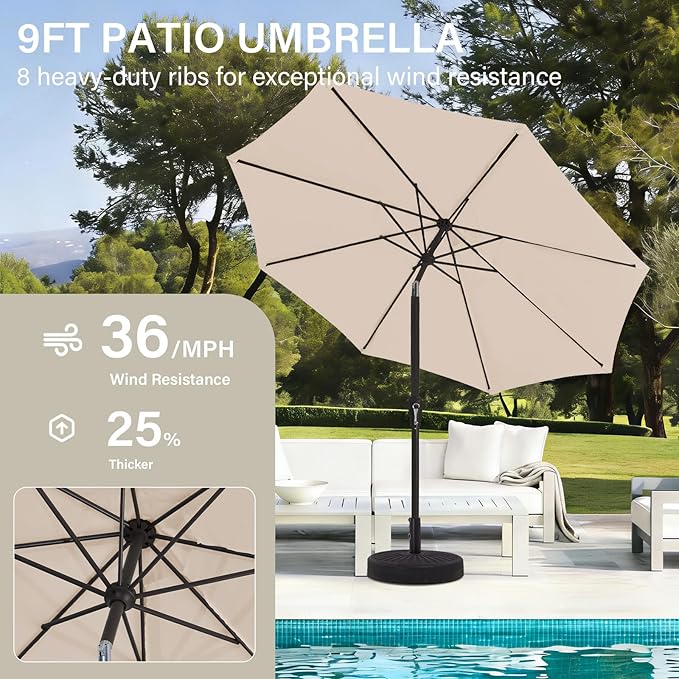 MEWAY 9ft Patio Umbrella Outdoor Table Umbrellas with Push Button Tilt and Crank, Market Umbrella 8 Sturdy Ribs for Deck, Garden, Pool and Backyard, Beige - Image 4