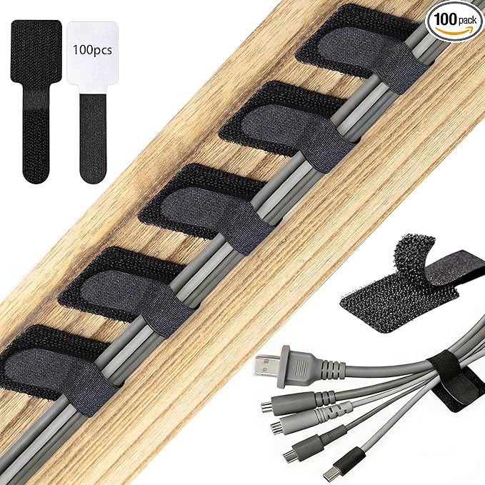 100 Pcs Hook and Loop Cable Ties, Self Adhesive Cable Management Desktop Cable by WSICSE