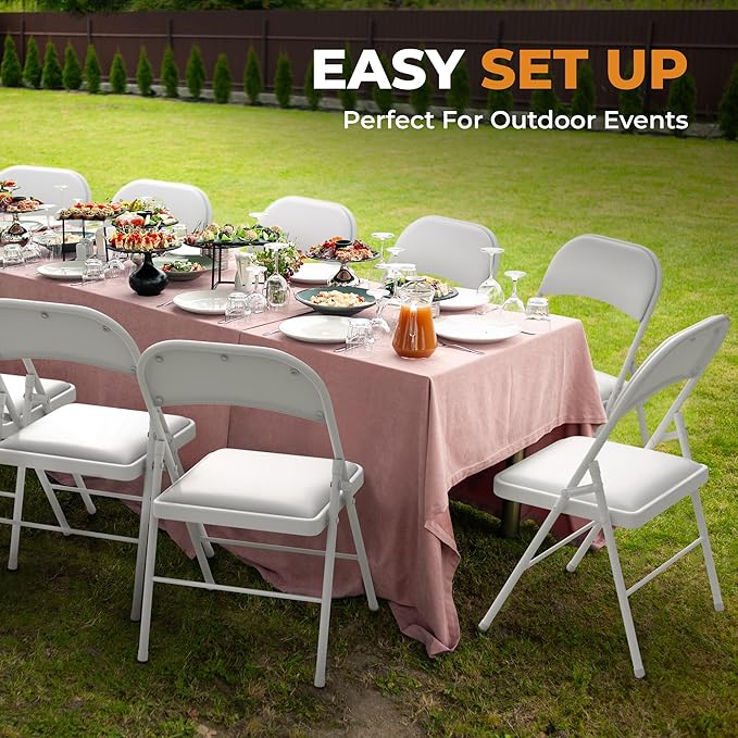 4 Pack Leather Chair | Foldable & Stackable | 350 lbs Capacity Steel Frame Seats for Indoor or Outdoor | Commercial Use Events Wedding Party Events Bulk Picnic Kitchen Dining - White - Image 7