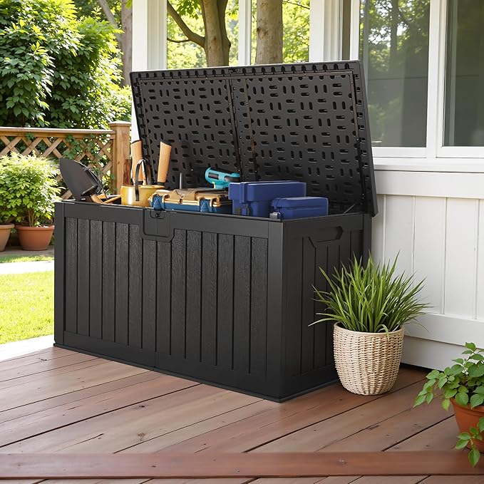 Devoko 240 Gallon Double-Wall Deck Box with Divider, Side Handles, Resin Outdoor Large Storage Box Waterproof and Lockable for Patio Furniture, Garden, Pool (Black) - Image 5