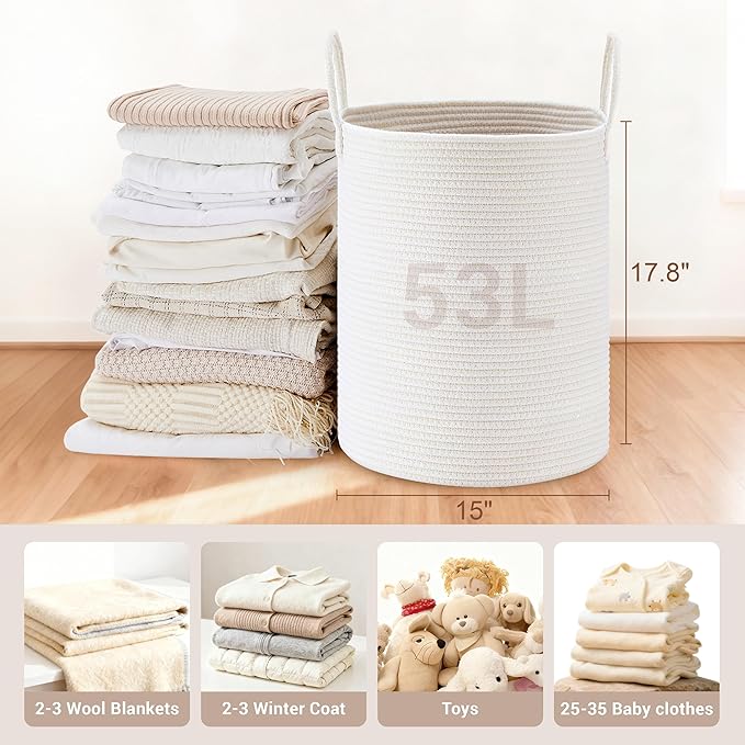 Tall Laundry Basket with Handles, 53L Portable Dirty Clothes Hamper, Boho - Image 2