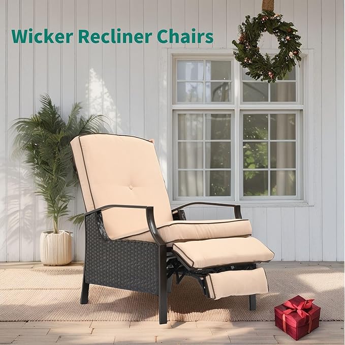 YITAHOME Outdoor Recliner Chair, 2-Piece Patio Adjustable Wicker Reclining Lounge Chairs, Dual-use Rattan Furniture Set with Soft Thick Cushions, Extended Footrest, Flip Back, Brown & Beige - Image 3