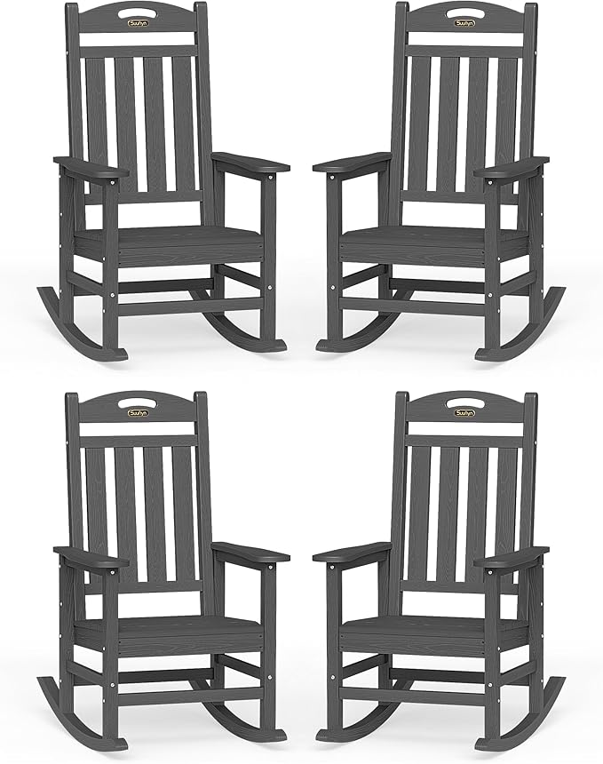 Oversized Outdoor Rocking Chairs Set of 4, High Back Porch Rocker Chair, HDPE All Weather Resistant Rocking Chairs for Patio, 380lbs Weight Capacity, Dark Grey by Suunyn