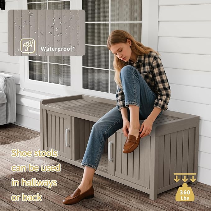 Storage Bench - Waterproof Resin Shoe Bench with Adjustable Shelves - Indoor & Outdoor Use, 2 Doors Entryway Bench with Hidden Storage Space - Storage Cabinet for Bedroom, Hallway, Grey - Image 4