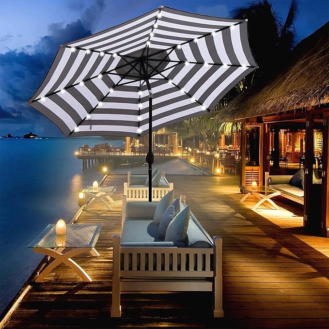 Blissun 9 ft Solar Umbrella 32 LED Lighted Patio Umbrella Table Market Umbrella with Tilt and Crank Outdoor Umbrella for Garden, Deck, Backyard, Pool and Beach (Black and White) - Image 6