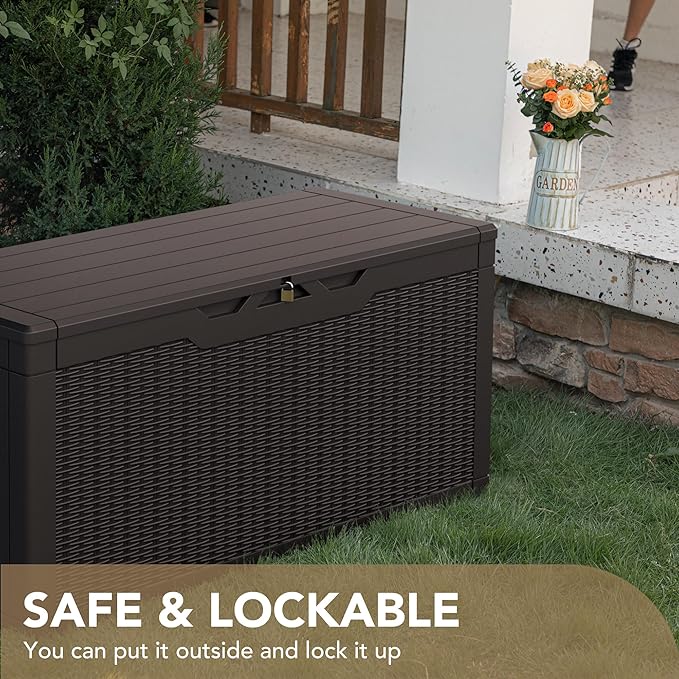 Devoko 100 Gallon Waterproof Large Resin Deck Box Indoor Outdoor Lockable Storage Container for Patio Furniture Cushions Garden Tools (100 Gallon, Dark Brown) - Image 5