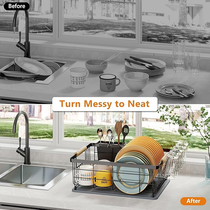 Dish Drying Rack Black with Diatomaceous Earth 1 Tier, Large Capacity Space - Image 3
