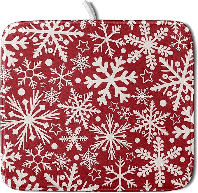 Christmas Dish Drying Mat for Kitchen Counter 16x18 Dark Red Snowflake Winter by Aytipun