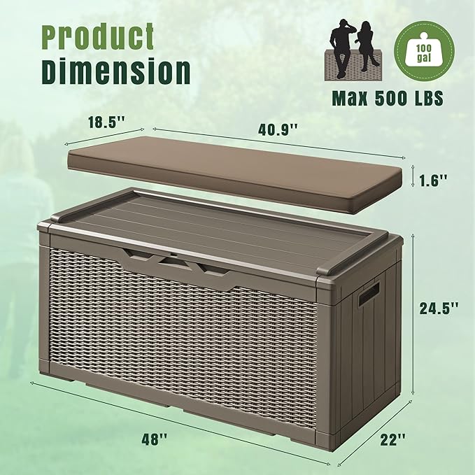 Greesum 100 Gallon Resin Deck Box Large Outdoor Storage with Cushions for Patio Furniture, Garden Tools, Pool Supplies, Weatherproof and UV Resistant, Lockable, Light Coffee - Image 7