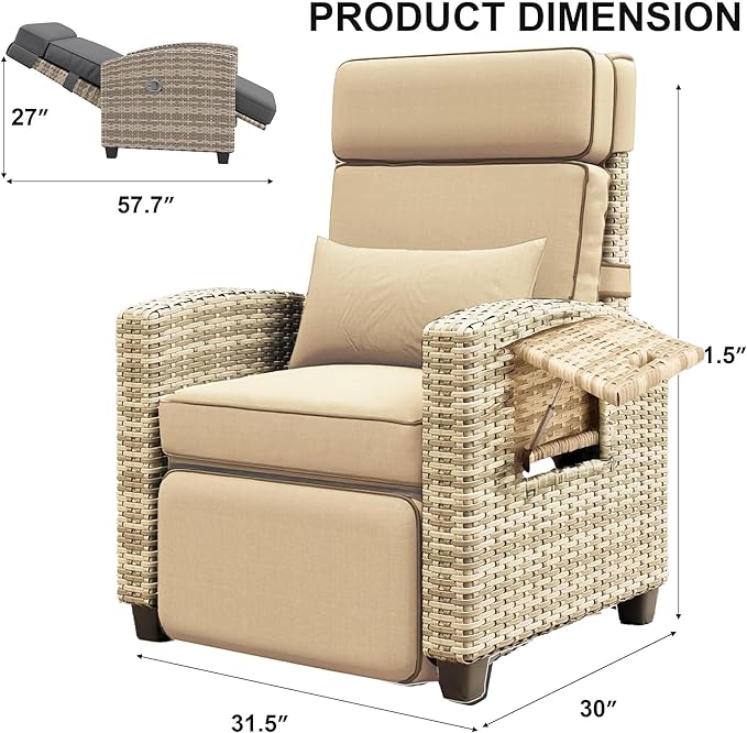 Garvee Outdoor Recliner Chair, 145° Adjustable Backrest & Footrest Lounge Chair with Removable Cushion and Flip-Up Side Table, All-Weather PE Wicker & Steel Frame for Poolside, Deck, Balcony, Khaki - Image 3