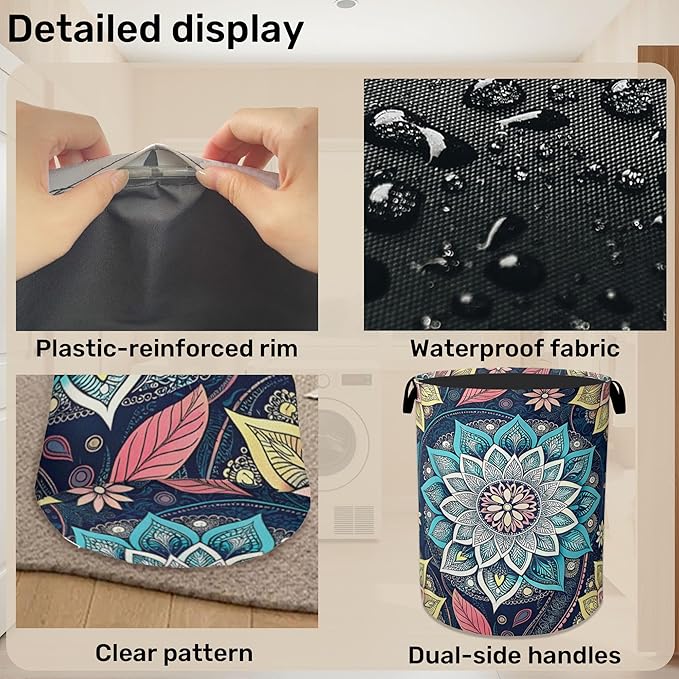 Bohemian Blue Flowers Laundry Basket, Dirty Clothes Basket, Water Resistant - Image 5