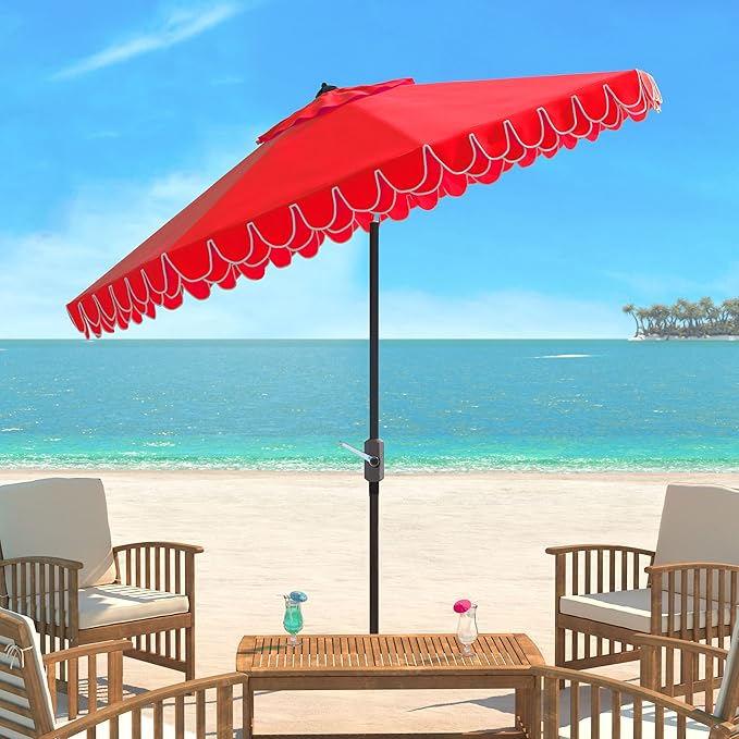SAFAVIEH 9ft Outdoor Patio Umbrella, Round, Valance, Red & White Trim, Auto Crank Tilt, UV Resistant for Deck, Backyard, Poolside (PAT8006D) - Image 2