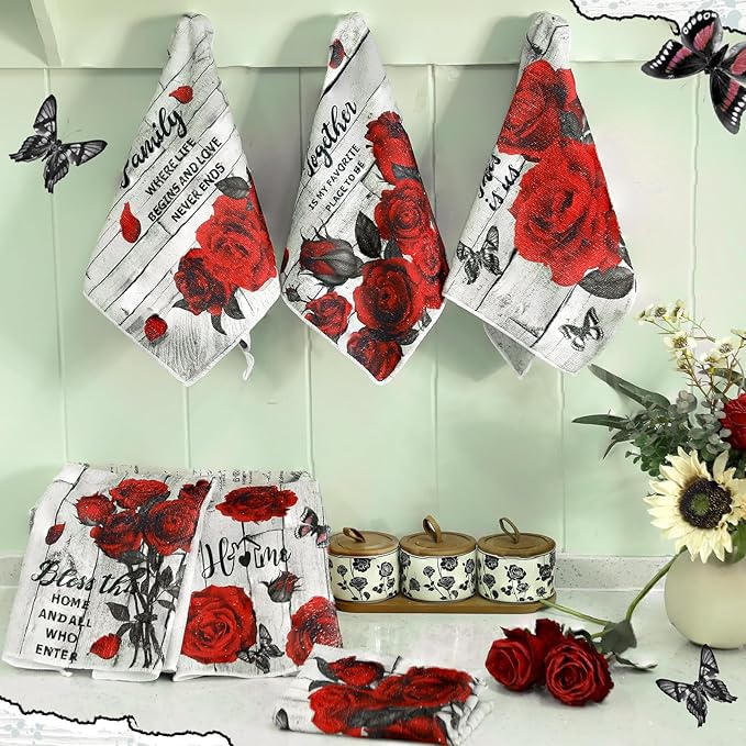 Breling Set of 6 Valentine's Day Red Rose Kitchen Towels Vintage Flowers Dish - Image 6