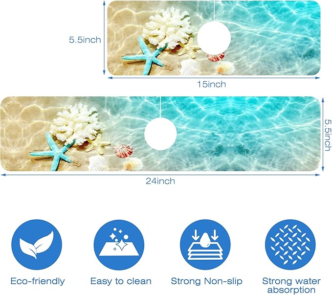 Beach Dish Drying Mat for Kitchen Sink Starfish Coral and Seashell Splash Guard - Image 3