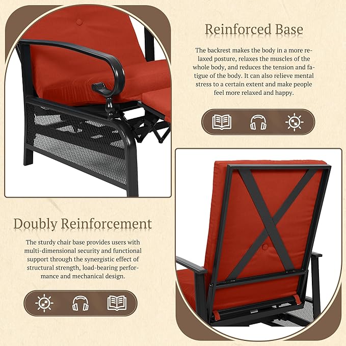 Oakcloud Adjustable Outdoor Lounge Chair Metal Patio Relaxing Recliner Chair Set with Bistro Table and Removable Cushions(Red) - Image 5