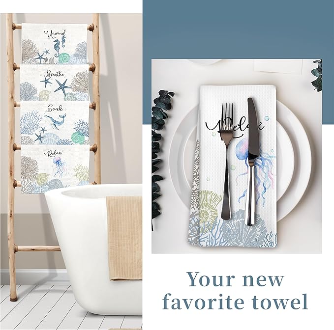 Coastal Hand Towels for Bathroom Set of 4, Relax Breathe Soak Unwind Decorative - Image 7