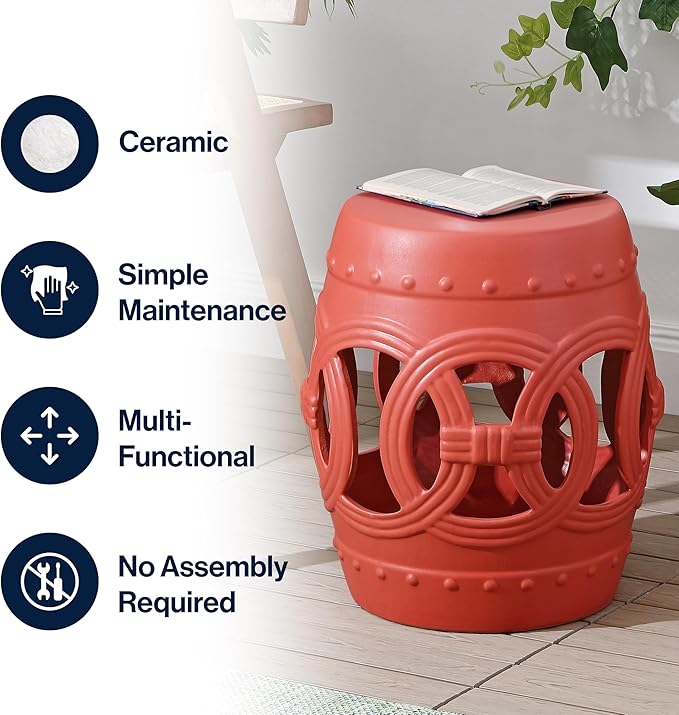 JONATHAN Y TBL1022G Lucky Coins 16" Chinese Ceramic Drum Indoor/Outdoor Garden Stool Bohemian, Coastal, Cottage, French Country, Traditional, for Living Room, Garden Room, Patio, Matte Coral - Image 5