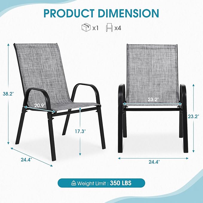 Outdoor Stackable Chairs Set of 8, Stacking Patio Chairs with Textilene Fabric, Outside Furniture for Garden Backyard Balconie Poolside Deck, Grey - Image 2
