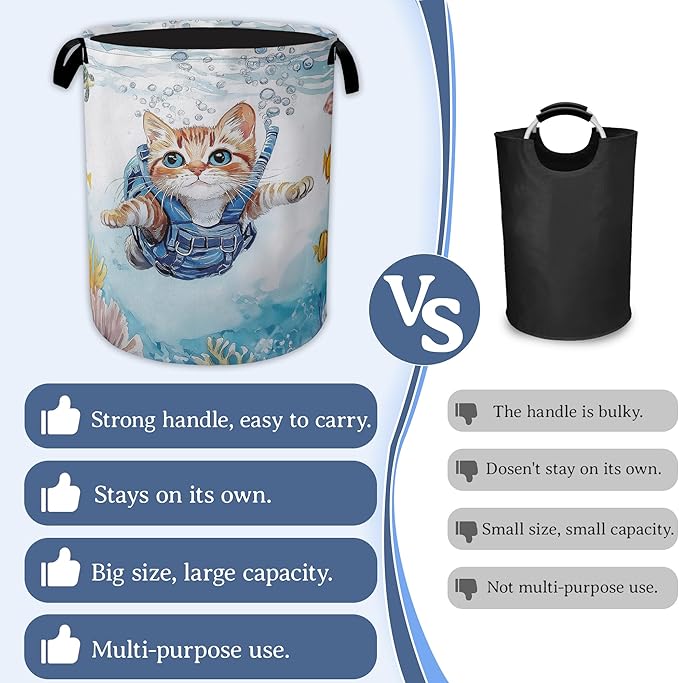 Cute Cat Laundry Basket, Foldable Oxford Cloth Sea Turtle Fish Coral Laundry - Image 3