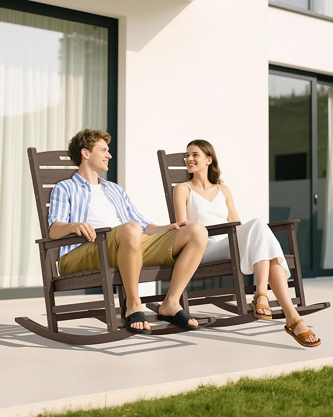 SERWALL Outdoor Rocking Chair, Oversized Rocking Chair with Footrest for Adults, HDPE All Weather Resistant Rocking Chairs for Patio, 350lbs Weight Capacity, Coffee - Image 7