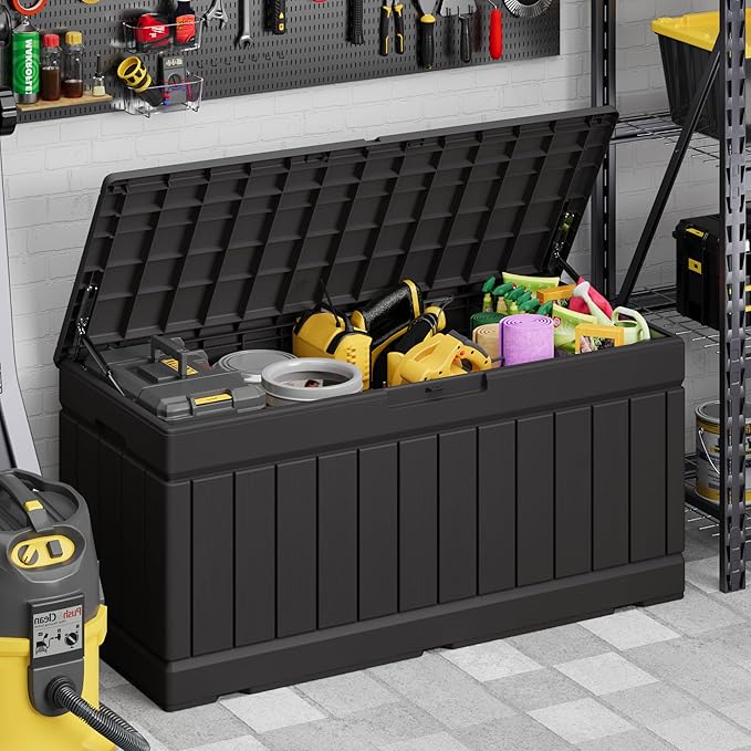 Devoko 78 Gallon Deck Box, Waterproof Resin Outdoor Storage Box for Outside and Patio, Outdoor Storage Bench Lockable for Patio Furniture, Garden Tools and Pool Supplies (Black, 78 Gallon) - Image 4