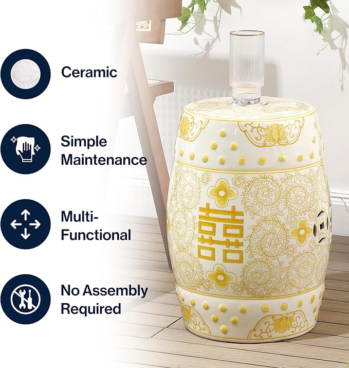 JONATHAN Y TBL1013B Double Happiness 18" Chinoiserie Ceramic Drum Indoor/Outdoor Garden Stool Bohemian, Coastal, Classic, Cottage,Traditional, Patio, Garden, Bathroom, Living Room, Yellow/White - Image 4