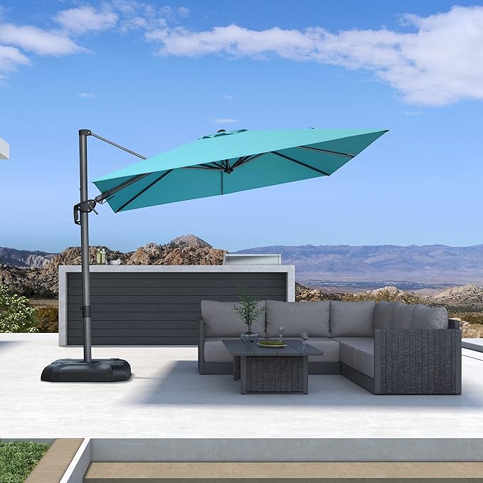 PURPLE LEAF 8.8' X 8.8' Right-left Tilt Patio Umbrella with Base Outdoor Cantilever Swivel Square Umbrella with Tilt Aluminum Offset Umbrella with 360-degree Rotation for Garden Deck Pool Patio Turquoise Blue - Image 2