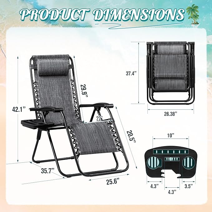 Homall Zero Gravity Chair - Adjustable Folding Lawn Chairs - Outdoor Gravity Reclining Lounge Chair with Pillows - Set of 2 (Double-Gray) - Image 3