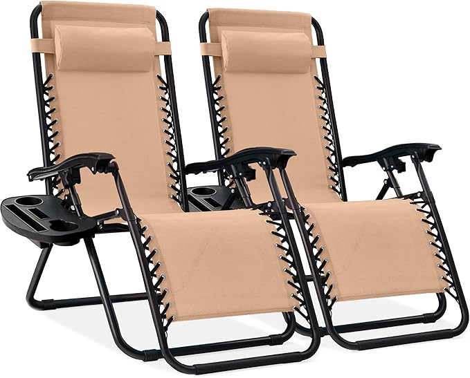 Best Choice Products Set of 2 Adjustable Steel Mesh Zero Gravity Lounge Chair Recliners w/Pillows and Cup Holder Trays - Beige by BestChoiceProducts