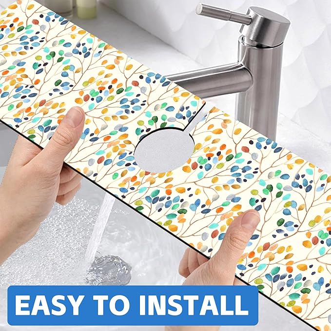 Abstract Watercolor Leaves Sink Faucet Absorbing Mat Sink Splash Guard Faucet - Image 6