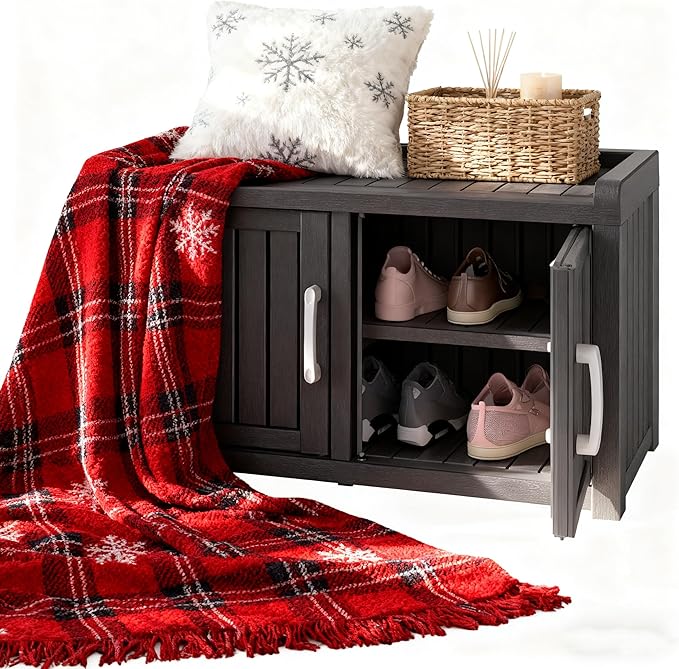 2-Tier Storage Bench, Waterproof UV-Resistant Outdoor Shoe Storage Cabinet with 2 Doors & Adjustable Shelves for Indoor Outdoor Entryway, Hallway, Living Room (Midnight Black) - Image 7