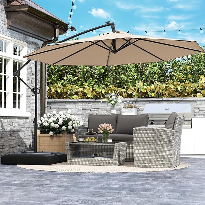 Tangkula 10ft Solar LED Patio Umbrella with Base, Offset Cantilever Outdoor Umbrella with 32 LED Lights, Infinite Tilt, 360 Degree Rotation, Crank Handle for Pool Deck Garden Backyard (Beige) - Image 3
