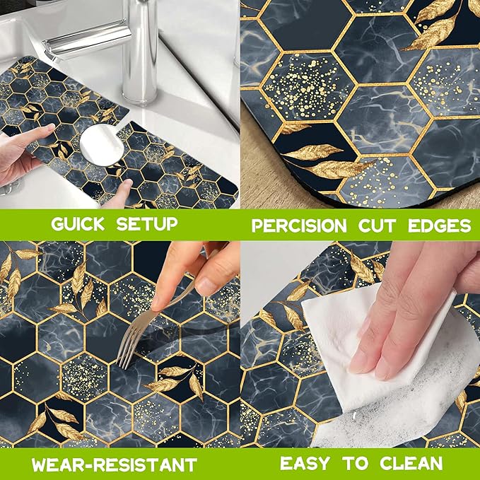 Kitchen Sink Splash Hexagon Marble and Golden Leaves Guard Faucet Mat Super - Image 5