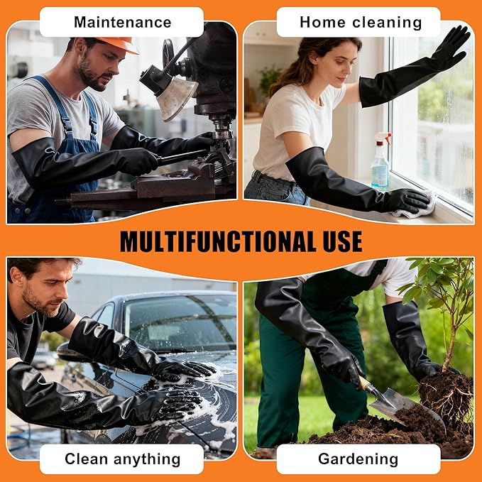 22"Black Anti-Slip Chemical Resistant Rubber Gloves, Long Heavy Duty Glove - Image 7