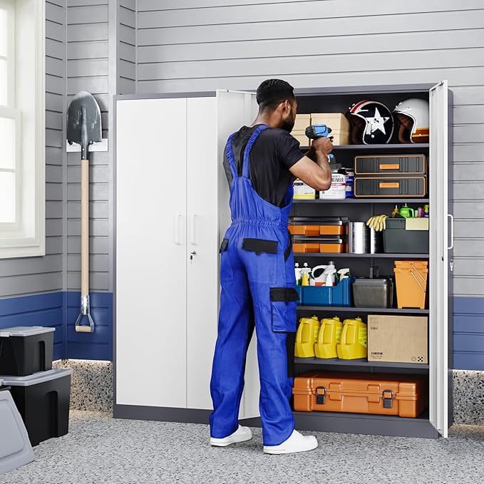 Yizosh Metal Garage Storage Cabinet with 2 Doors and 5 Adjustable Shelves - 71" Steel Lockable File Cabinet,Locking Tool Cabinets for Office,Home,Garage,Gym,School (Gray White) - Image 2