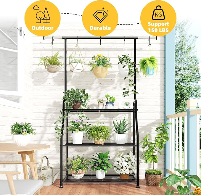 Simple Trending Plant Stand Indoor Outdoor, Heavy Duty Metal 3 Tiered Hanging Plant Shelf for Multiple Flower Planter Holder Tall Large Rack for Living Room Garden Balcony, Black - Image 2