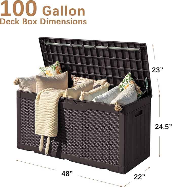 Devoko 97 Gallon Deck Box, Waterproof Resin Outdoor Storage Box for Outside and Patio, Large Outdoor Storage Bench Cabinet Lockable for Patio Furniture, Garden Tools and Pool Supplies (Deep Brown) - Image 3