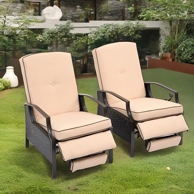 YITAHOME Outdoor Recliner Chair, 2-Piece Patio Adjustable Wicker Reclining Lounge Chairs, Dual-use Rattan Furniture Set with Soft Thick Cushions, Extended Footrest, Flip Back, Brown & Beige by YITAHOME