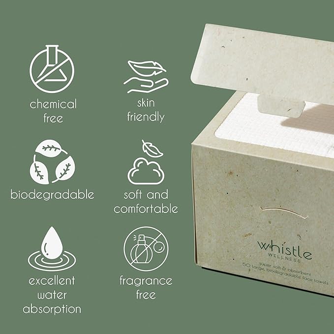 Whistle Wellness® Disposable Face Towel 10"×12", Resealable Box, Biobased Plant - Image 6