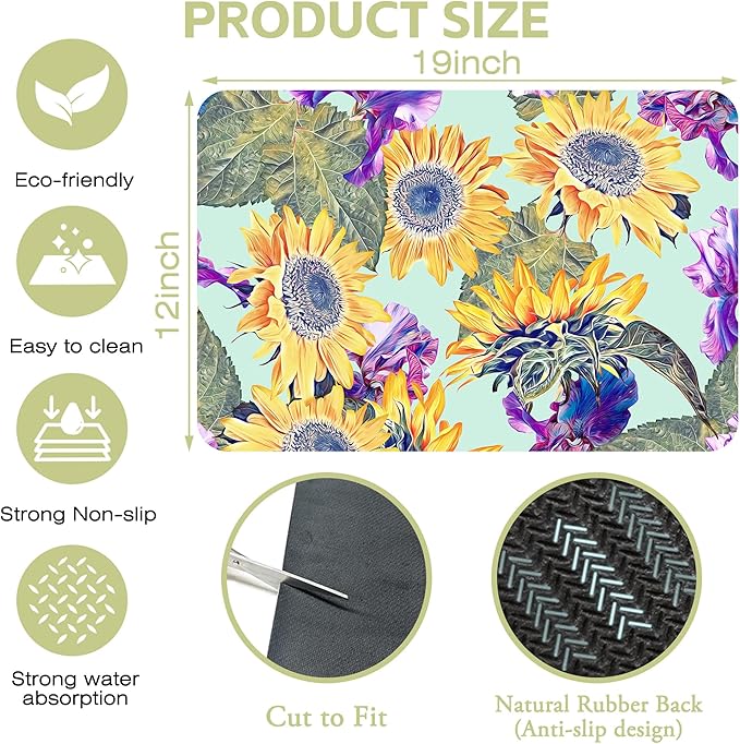 Dish Drying Mat Watercolor Sunflowers Irisflowers Floral Kitchen Mat 12"x19" - Image 4