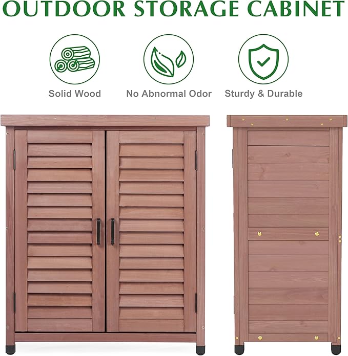 Outdoor Storage Cabinet & Potting Bench Table with Metal Top, Wooden Patio Furniture, Garden Workstation (Dark Brown, 36x31x17in) - Image 7
