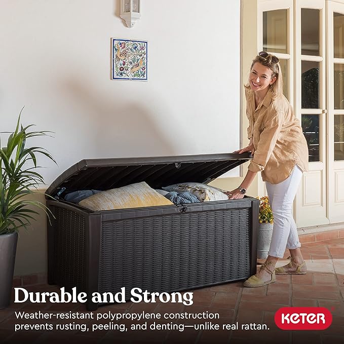 Keter Outdoor Storage Deck Box for Patio, Backyard & Garden, Borneo, 110 Gal, Grey - Lockable, Organizing, and Waterproof Plastic Container Bench - Image 6