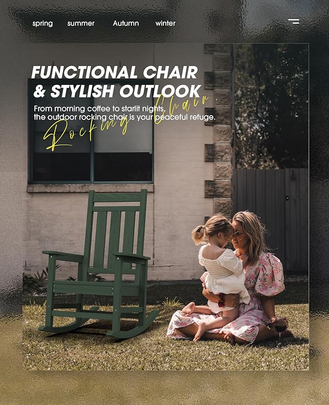 KINGYES Oversized Outdoor Rocking Chair Set of 2, All-Weather Patio Rocking Chairs for Porch, HDPE Outdoor Patio Rockers with High Back & Wide Seat for Garden, Lawn, Green - Image 6