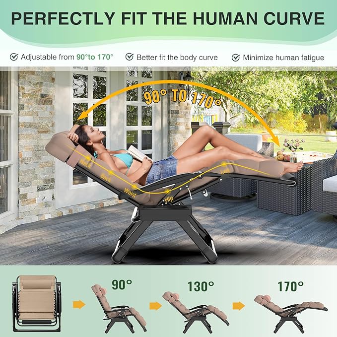 Suteck Oversized Zero Gravity Chair, 29In XL Outdoor Recliner Chair w/Removable Cushion&Headrest, Camping Lounge Chair w/Upgraded Lock&Footrest, Reclining Patio Chairs for Indoor Outdoor,500LBS - Image 4