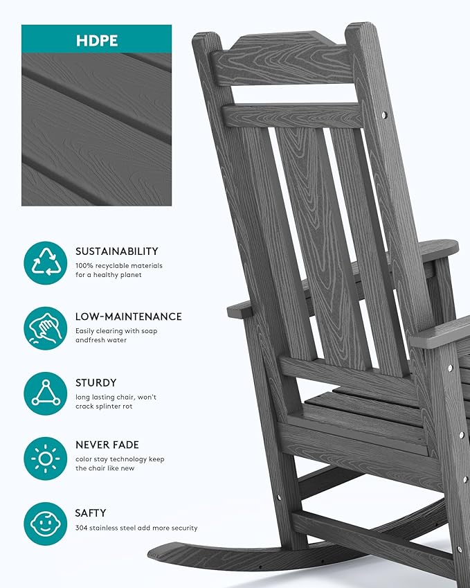 SERWALL Oversized Rocking Chair Set of 2 Outdoor, HDPE Outdoor Rocking Chair Set of 2, Grey - Image 7